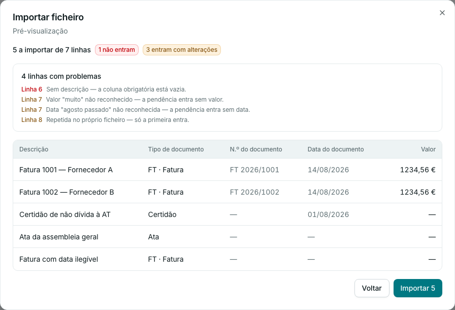 Pré-visualização da importação