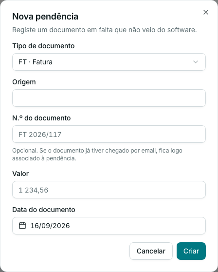 Diálogo de nova pendência