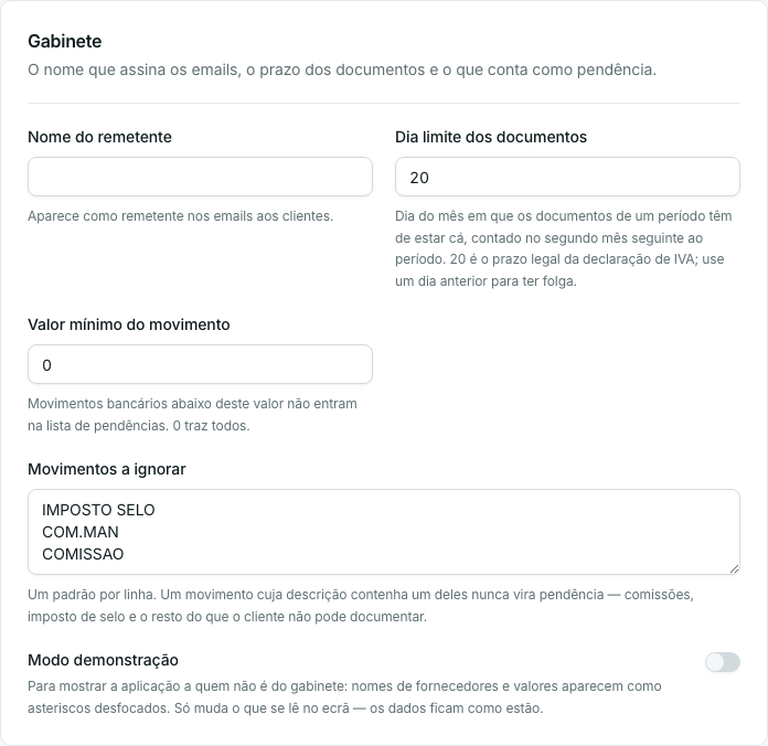 Secção de envio de emails