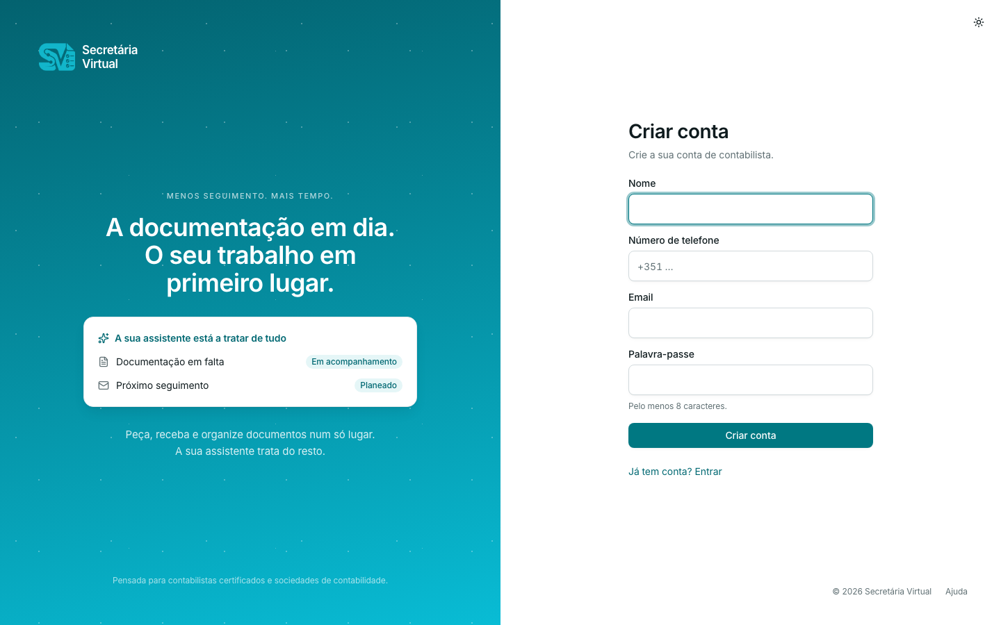 Ecrã de criação de conta